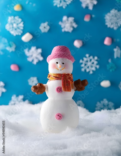 candy snowman on winter landscape with candy style