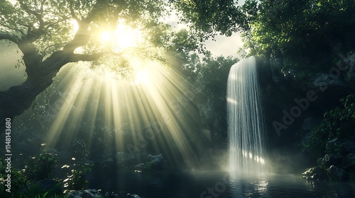 Wallpaper Mural Sunbeams illuminate a hidden waterfall cascading into a tranquil pool within a lush, green forest. Torontodigital.ca