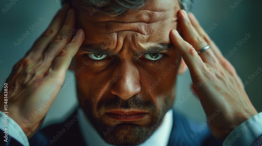 Intense focus on a man showing deep concentration and stress, captured in a dimly lit setting that emphasizes his serious expression and furrowed brows Intense focus on a man showing deep concentration and stress, captured in a dimly lit setting that emphasizes his serious expression and furrowed brows