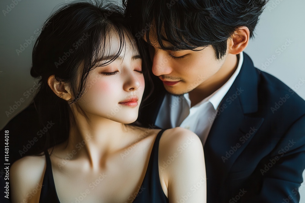 Couple sharing a intimate moment together in soft light, creating a romantic atmosphere indoors during the evening Couple sharing a intimate moment together in soft light, creating a romantic atmosphere indoors during the evening