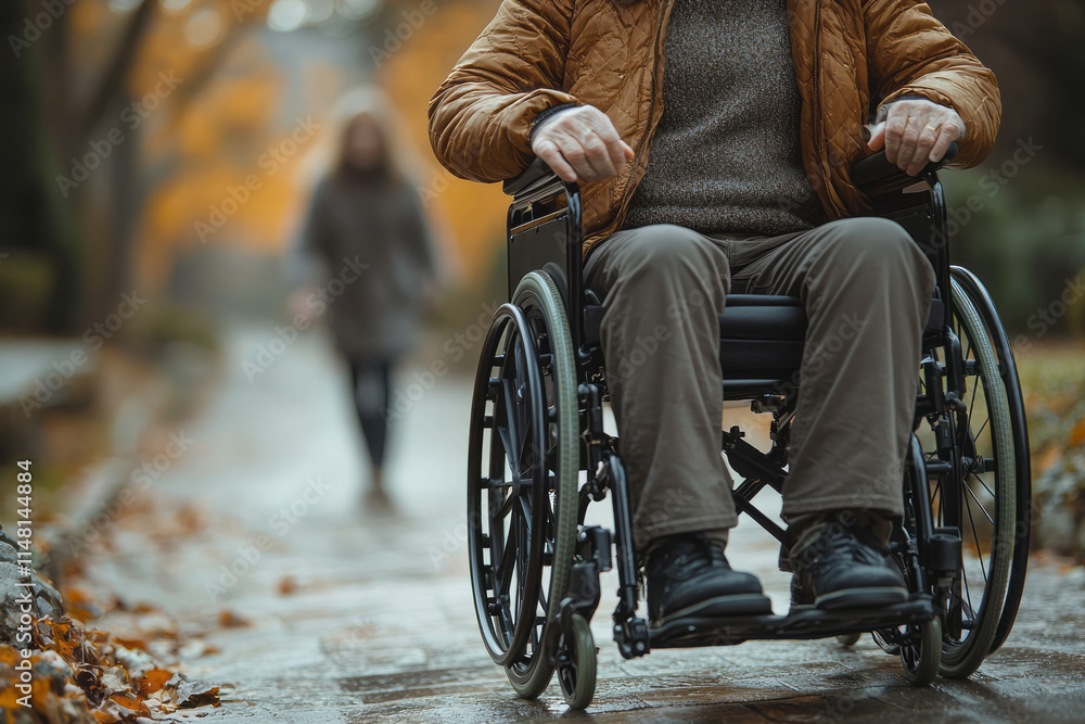 Obraz premium A close-up of a caregiver assisting a person in a wheelchair, helping them navigate through a doorway,