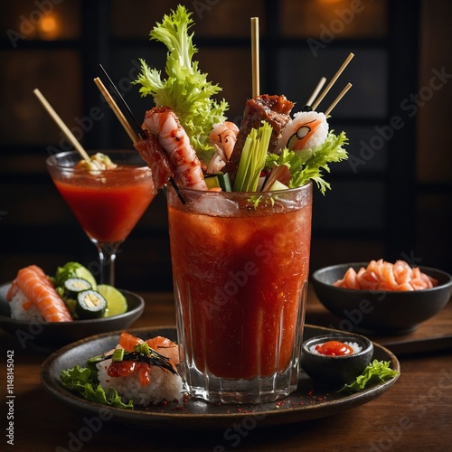 A Bloody Mary served with a variety of skewers, including sushi and sashimi, styled in an upscale Japanese restaurant.