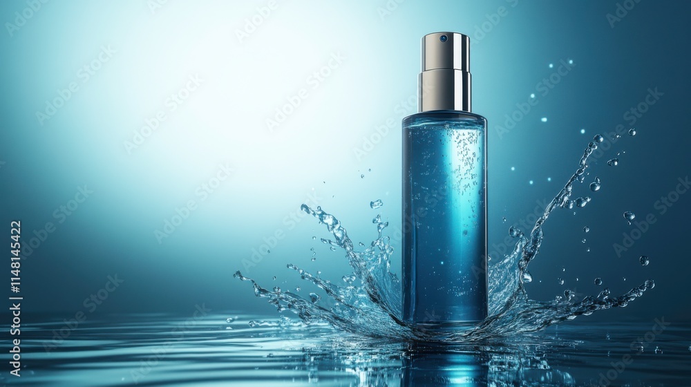 Clear Skincare Bottle with Water Splash on Surface Clear Skincare Bottle with Water Splash on Surface