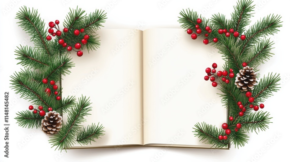 Christmas-themed blank page with festive pine branches and red berries Christmas-themed blank page with festive pine branches and red berries