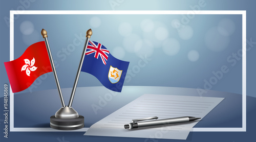 Hong Kong and Anguilla National flags on small table with bokeh background, cooperative relationship