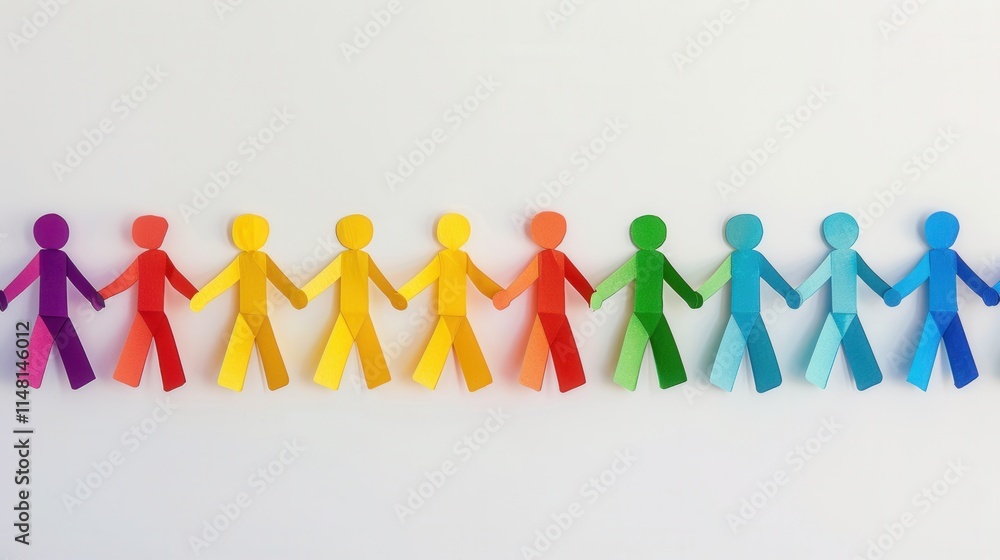 Colorful paper cutouts of diverse figures linked together against a plain background, symbolizing unity and togetherness in friendship and community Colorful paper cutouts of diverse figures linked together against a plain background, symbolizing unity and togetherness in friendship and community