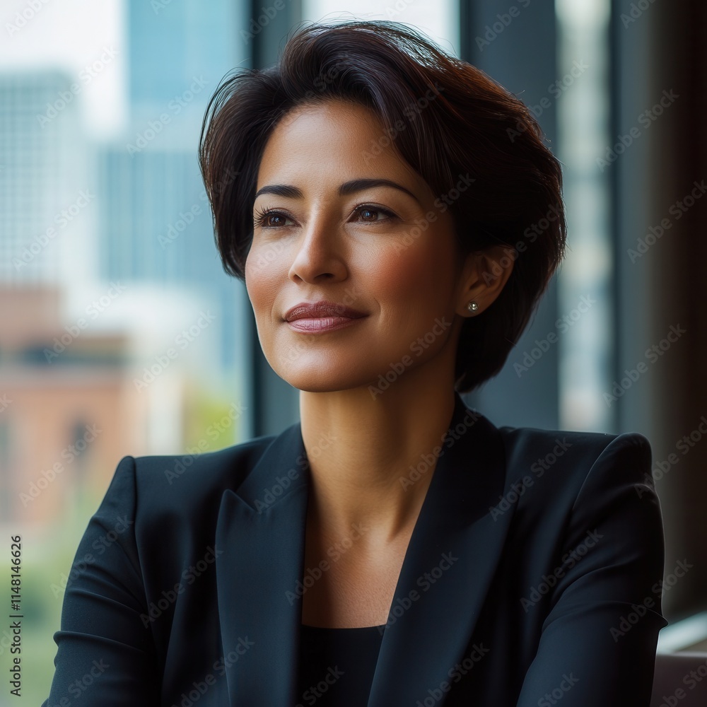 Professional woman reflects thoughtfully while looking out a large window in a modern office building during daylight Professional woman reflects thoughtfully while looking out a large window in a modern office building during daylight