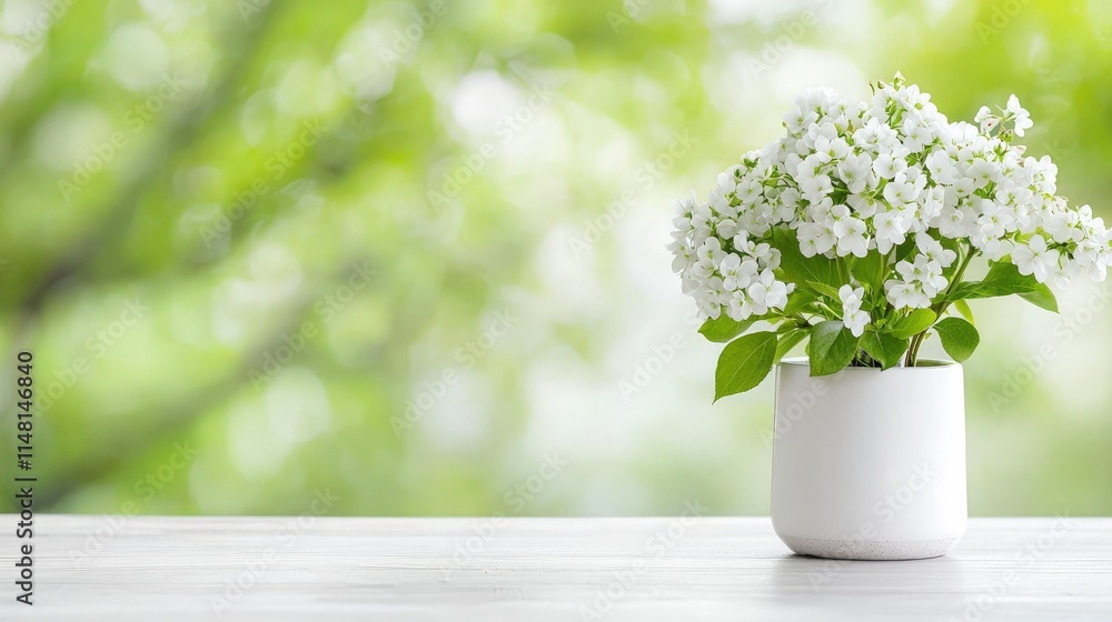 Fototapeta premium White flowers in a ceramic pot stand on a wooden table against a blurred green background.