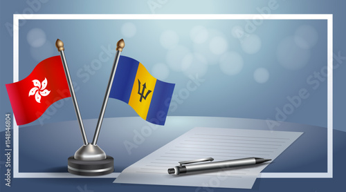 Hong Kong and Barbados National flags on small table with bokeh background, cooperative relationship