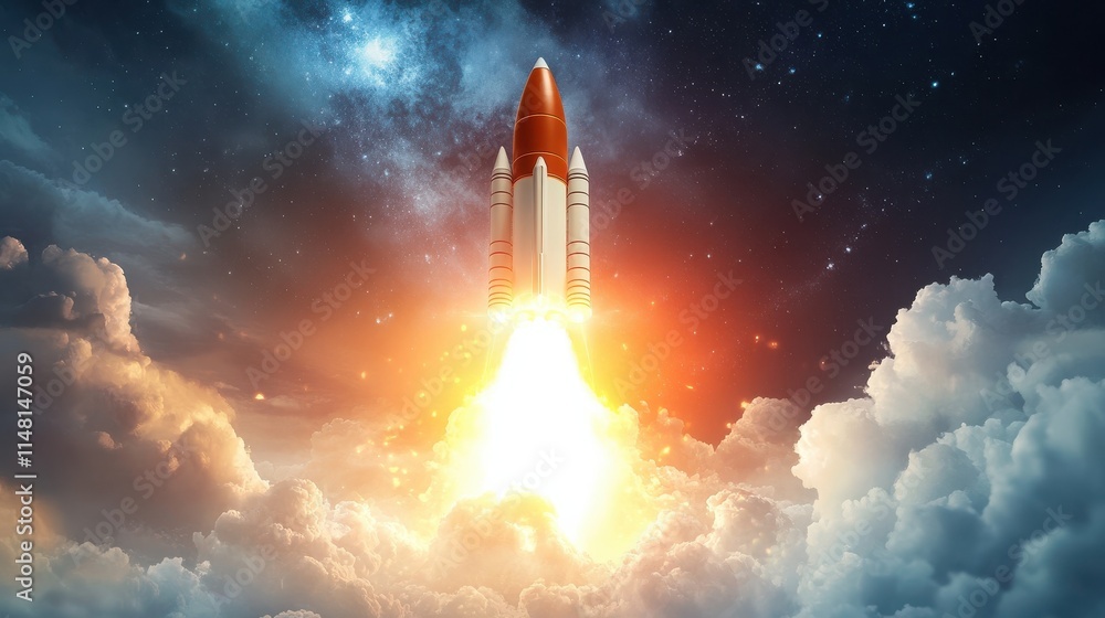 Fototapeta premium Rocket launching from a laptop screen, symbolizing innovation and creativity, set against a dynamic background.