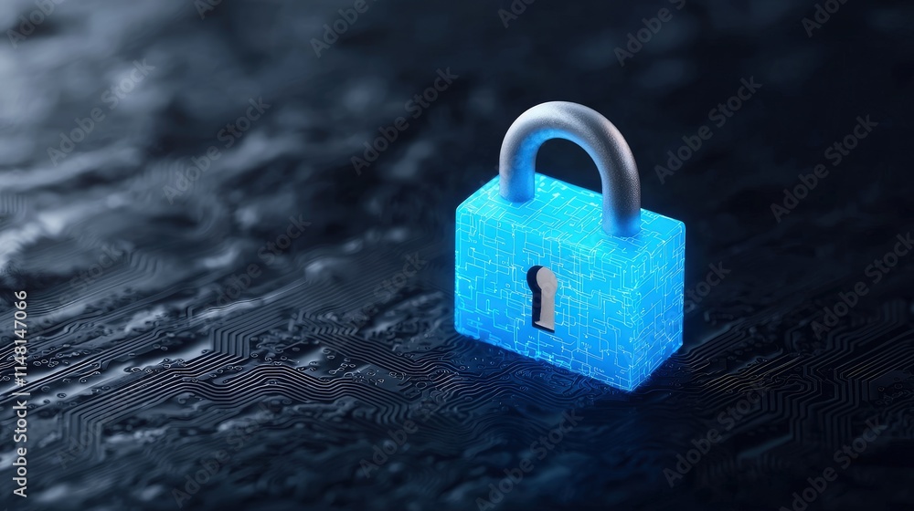 Fototapeta premium Glowing blue digital padlock on circuit board.