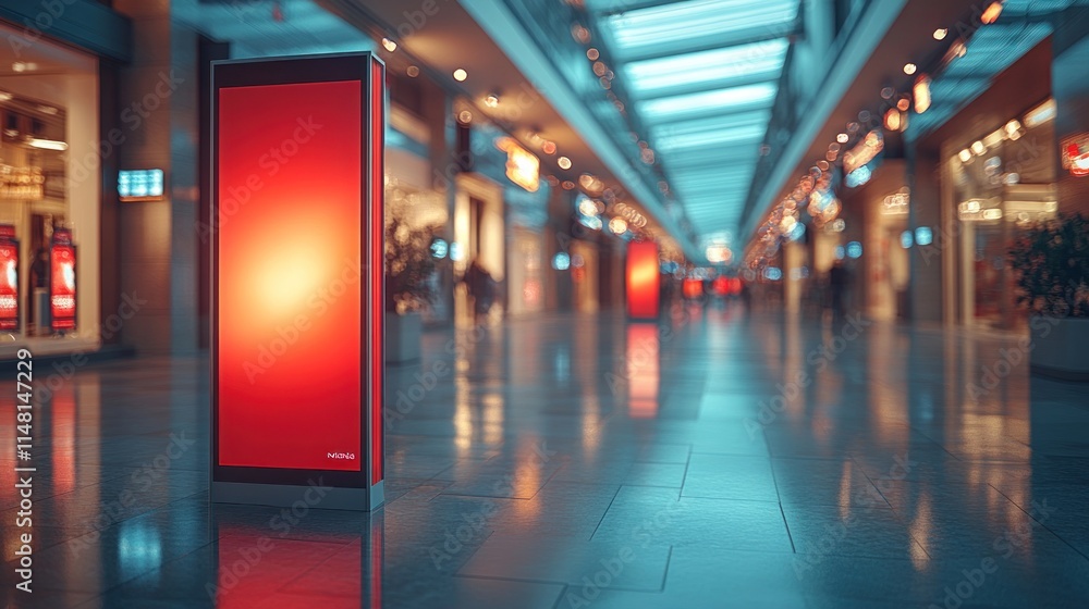 Illuminated Red Advertisement in Modern Shopping Mall Illuminated Red Advertisement in Modern Shopping Mall
