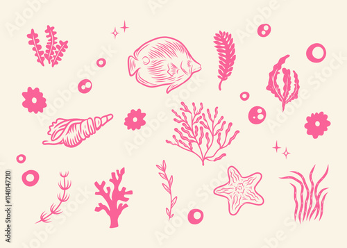 Marine life vintage pink illustration pattern vector coral reef, marine plants scallop starfish deep sea background layout silhouette printable