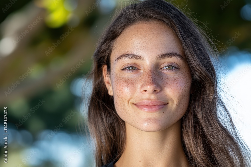 A young woman with freckles and long hair smiles in soft natural light, exuding confidence and warmth, ideal for themes of beauty and self-acceptance in stock images. A young woman with freckles and long hair smiles in soft natural light, exuding confidence and warmth, ideal for themes of beauty and self-acceptance in stock images.