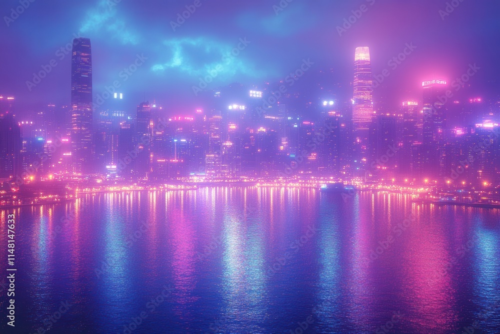 A vibrant city skyline at night, illuminated by colorful lights and reflections on the water. A vibrant city skyline at night, illuminated by colorful lights and reflections on the water.