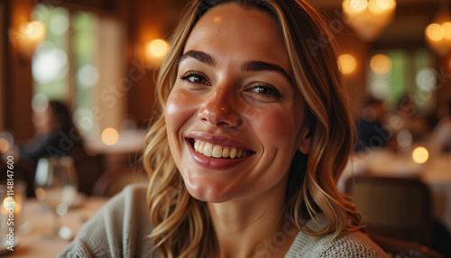 Smiling woman dining at elegant restaurant.