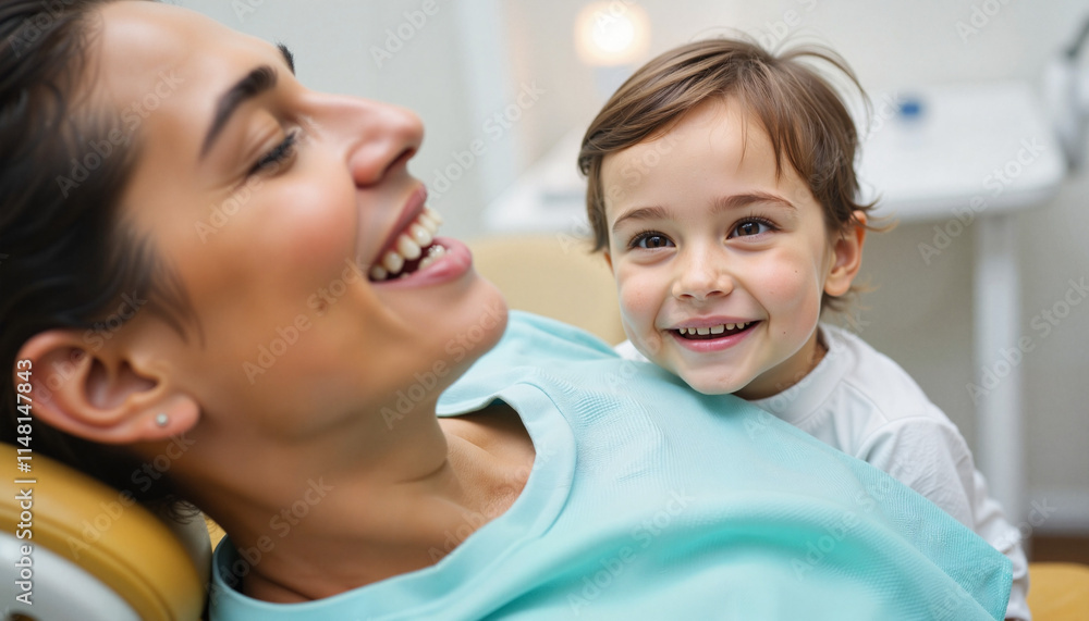 Mother and child smiling at dental clinic. Mother and child smiling at dental clinic.