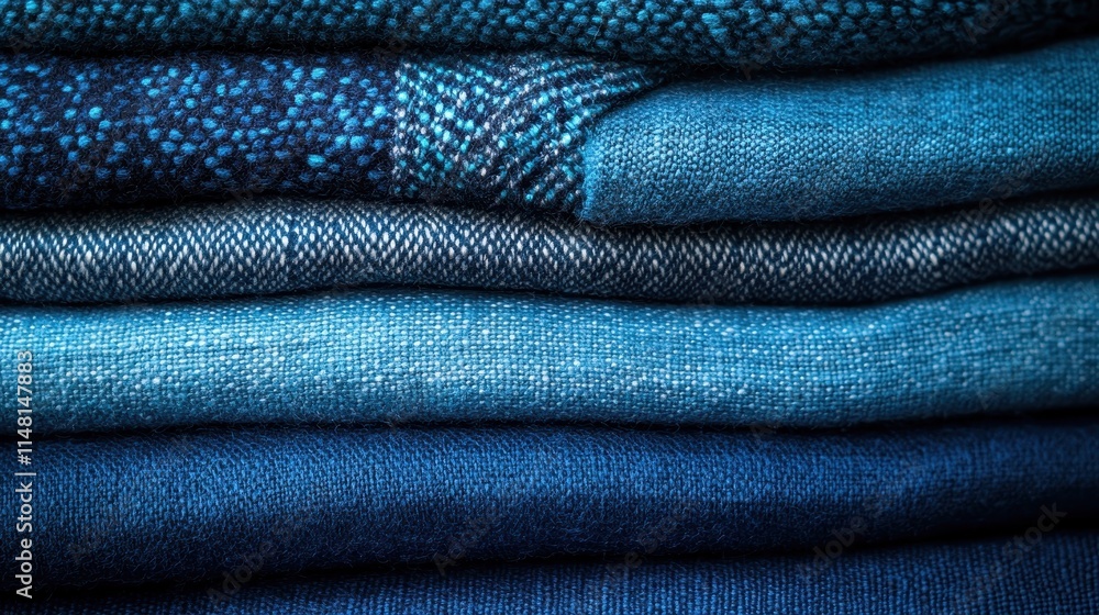 Close-Up of Stacked Blue Textiles Showcasing Various Patterns and Textures in a Harmonious Arrangement Close-Up of Stacked Blue Textiles Showcasing Various Patterns and Textures in a Harmonious Arrangement