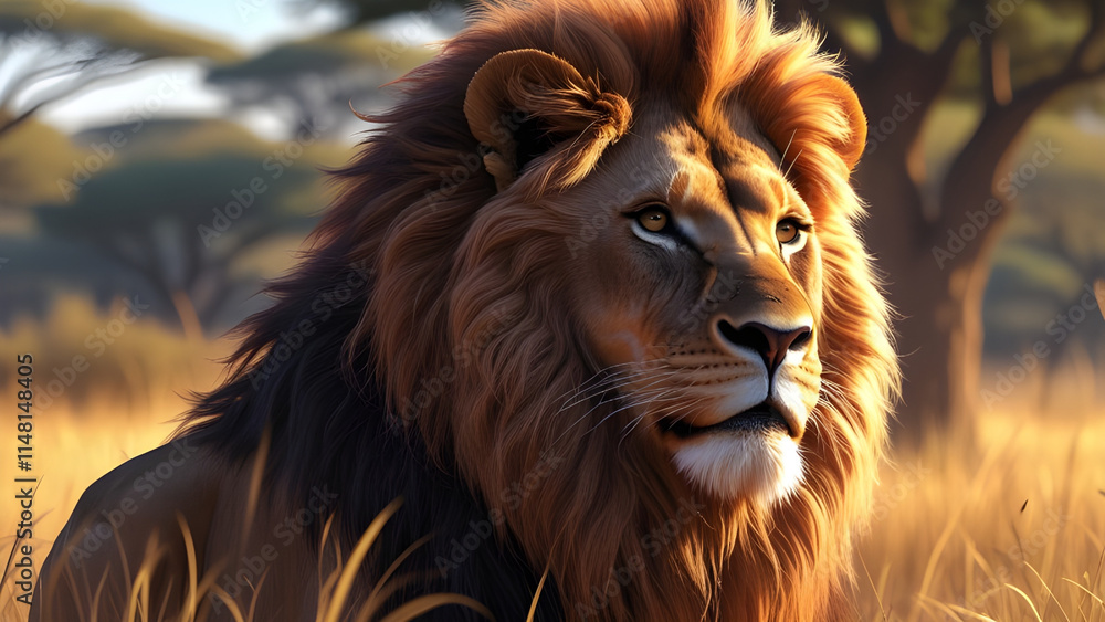 Naklejka premium Majestic Lion in the Golden Afternoon A Hyper-Realistic Portrait