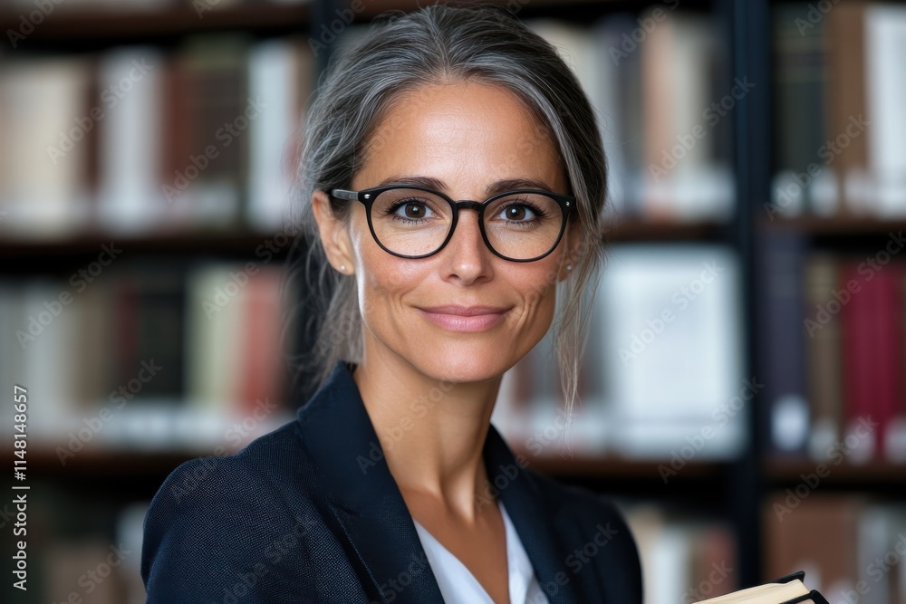 A professional woman stands proudly with books in a sophisticated library, wearing glasses and a confident smile, showcasing her dedication and intellect in a serene environment. A professional woman stands proudly with books in a sophisticated library, wearing glasses and a confident smile, showcasing her dedication and intellect in a serene environment.