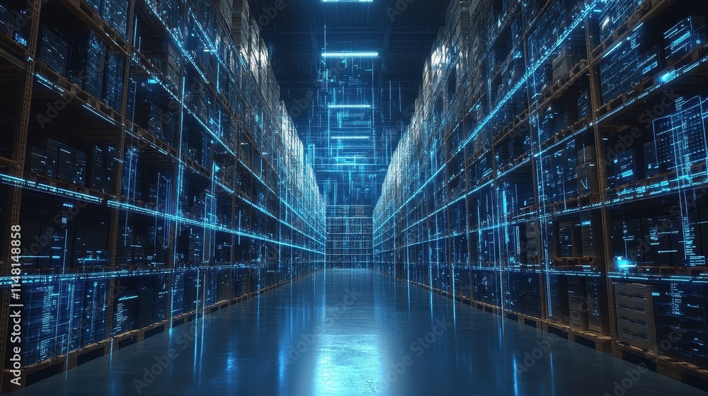Obraz premium Digital inventory monitoring with predictive analytics display, close up, analytics theme, ethereal, overlay, smart warehouse backdrop