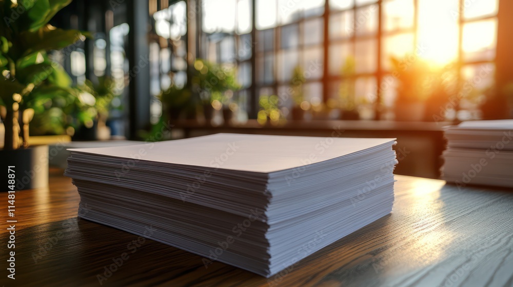 Save to Lib Stacks of blank white paper on a bright, sunny desk, suggesting a busy office or print environment, Reduce paper reduce carbon, Quit using paper, save trees, go digital Save to Lib Stacks of blank white paper on a bright, sunny desk, suggesting a busy office or print environment, Reduce paper reduce carbon, Quit using paper, save trees, go digital