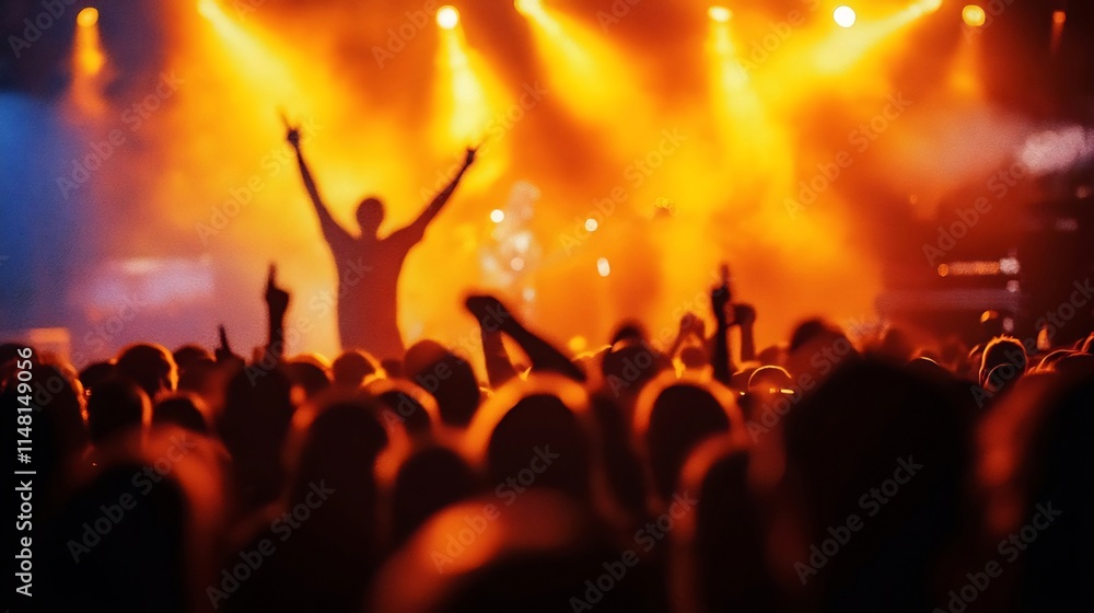 Silhouetted crowd at a concert enjoying the music and performer on stage with bright lights. Silhouetted crowd at a concert enjoying the music and performer on stage with bright lights.