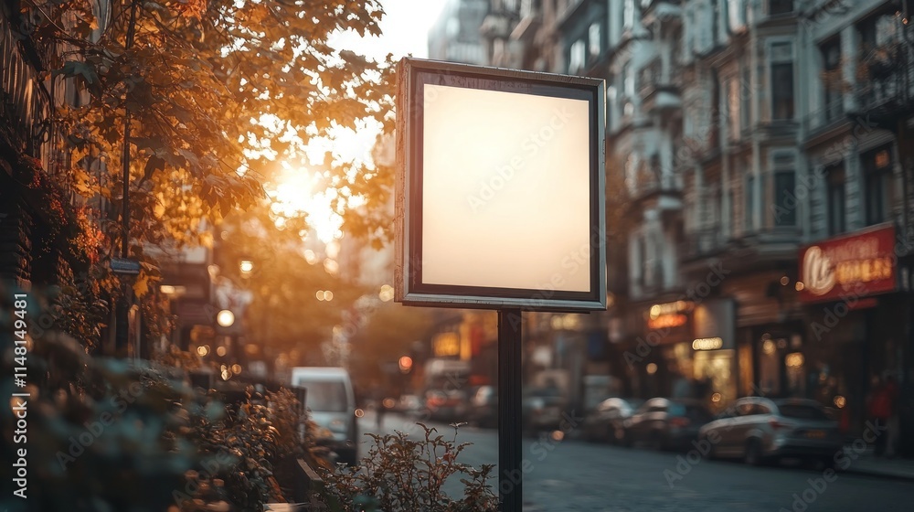 Blank Signboard on a City Street at Sunset Blank Signboard on a City Street at Sunset