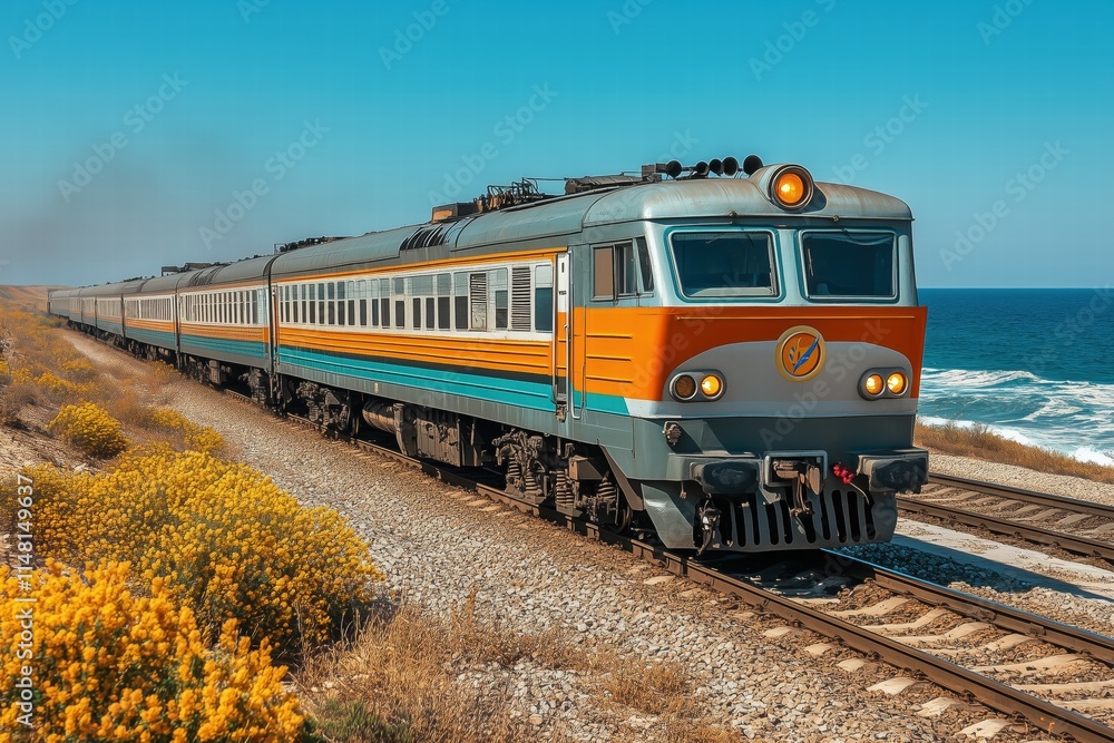 Obraz premium A vintage passenger train travels along a coastal railway with yellow wildflowers in the foreground and the ocean in the background under a clear blue sky.