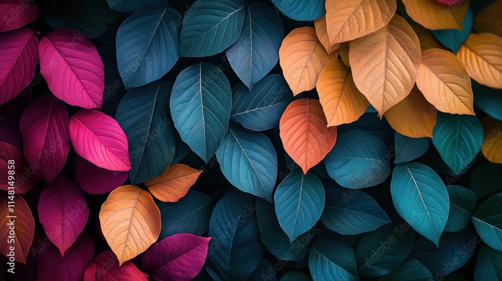 Vibrant autumn leaves in teal, orange, and magenta hues, creating a textured natural background. Vibrant autumn leaves in teal, orange, and magenta hues, creating a textured natural background.