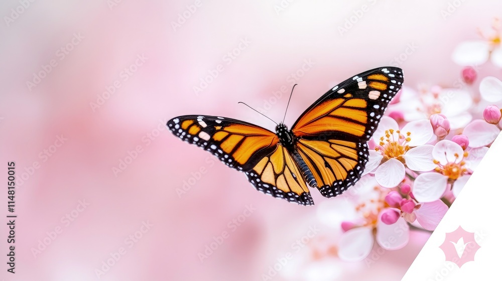 Fototapeta premium Monarch butterfly in flight near pink blossoms.