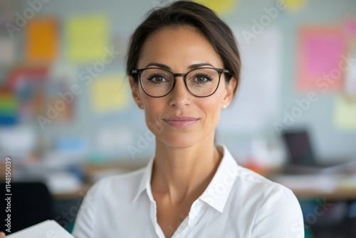 A smart young woman with glasses possesses an inviting smile, representing intellect and approachability in a vibrant office environment filled with creative energy.