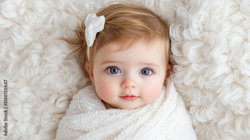 Adorable baby girl with blue eyes, wrapped in a white blanket, lying on a fluffy white surface.