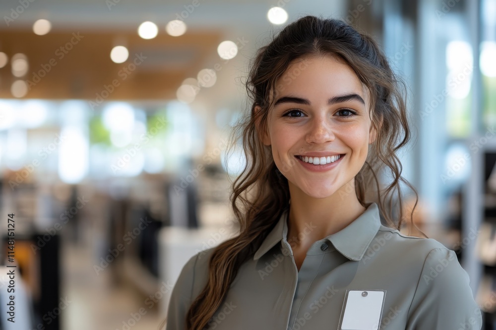 A cheerful young woman stands smiling in a stylish retail store, showcasing professionalism and positivity to invite customers into a pleasant shopping experience.