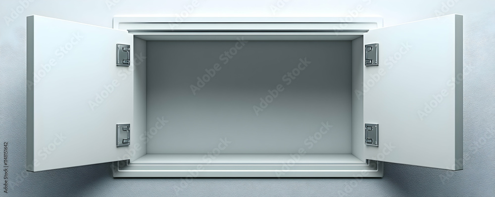 Fototapeta premium An empty white cabinet with doors open, showcasing its interior space.