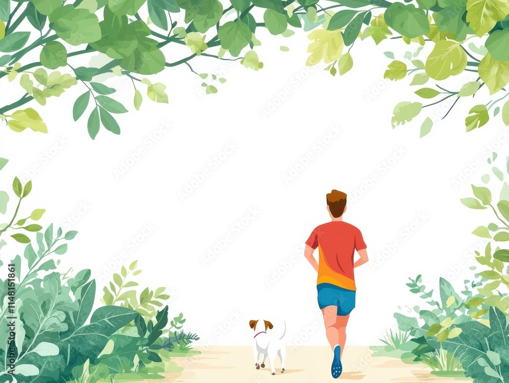 A person jogs with a dog through a lush, green path surrounded by foliage. A person jogs with a dog through a lush, green path surrounded by foliage.