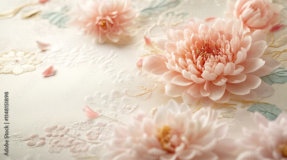 Close-up of delicate peach-colored chrysanthemum flowers artfully arranged on an embossed background. Close-up of delicate peach-colored chrysanthemum flowers artfully arranged on an embossed background.