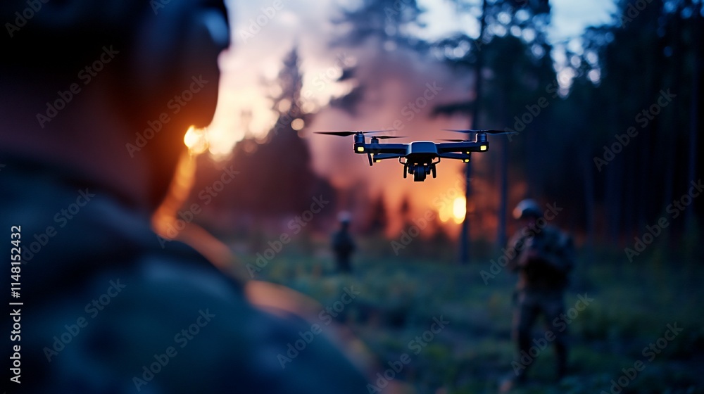 Drone surveying wildfire with firefighters. Drone surveying wildfire with firefighters.