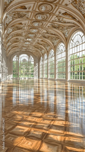 Sunlit Grand Hall  Ornate Ceiling  Hardwood Floor  Large Windows  Palace Interior
