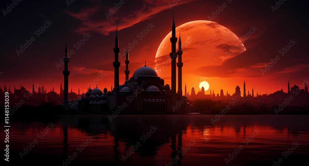 Fototapeta premium sunset in the background mosque and a moon