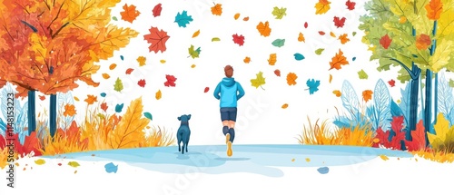 A person jogging with a dog amidst colorful autumn leaves in a vibrant landscape.