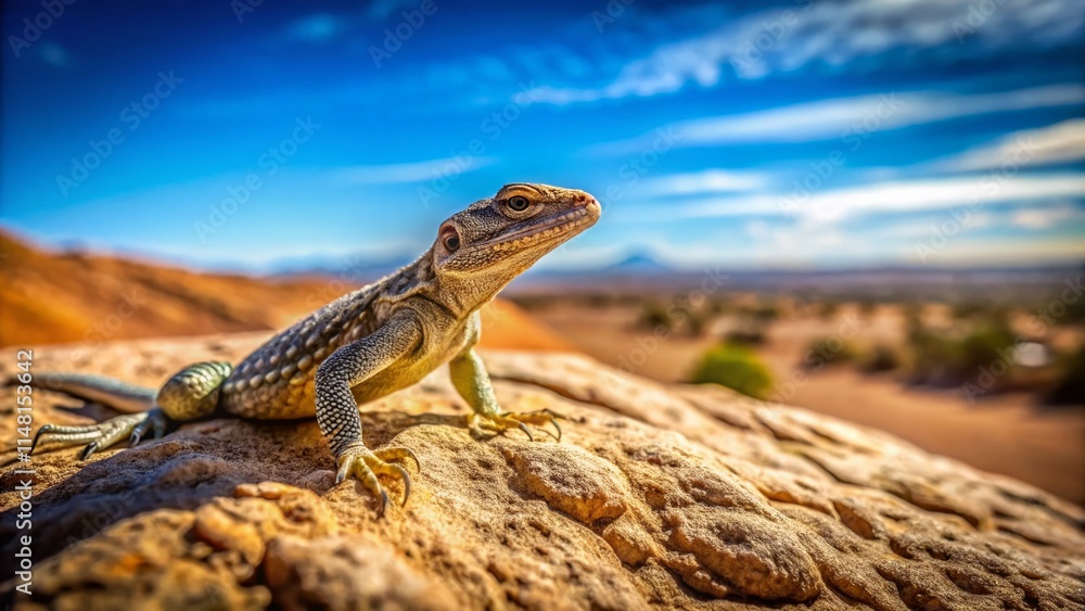 Fototapeta premium Lizard Rock Landscape Photography: Desert Reptile Sunbathing on Stone