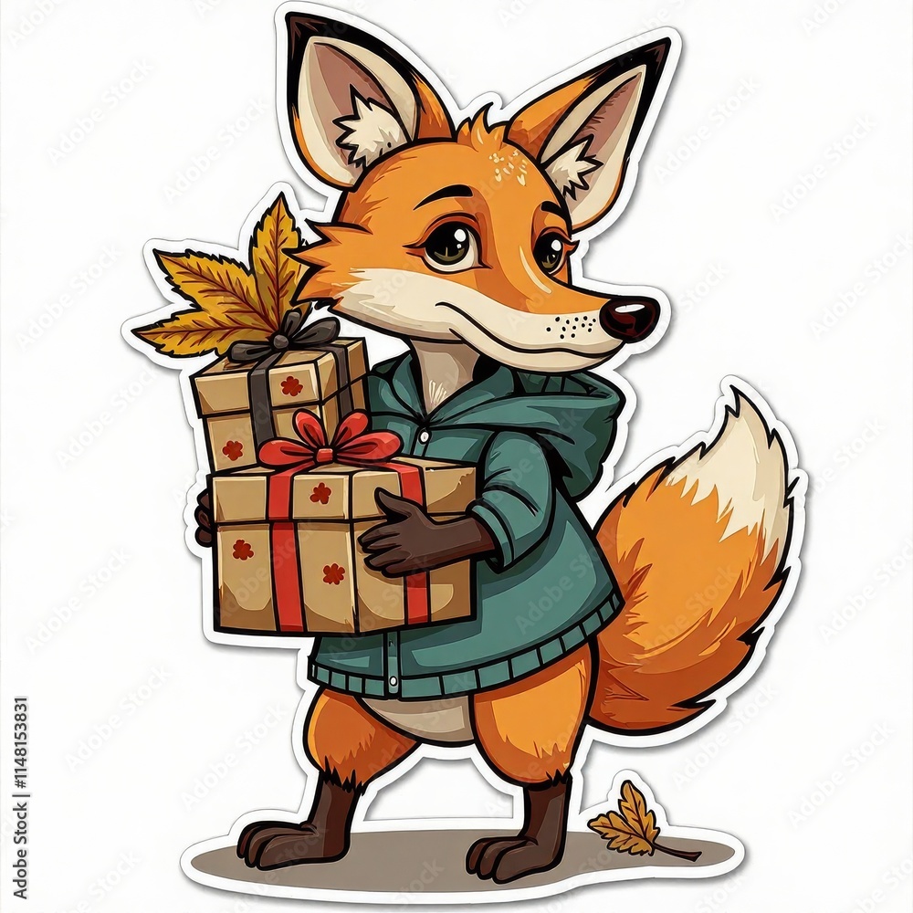 Obraz premium A cartoon fox is holding two boxes and a leaf. The fox is wearing a green jacket and he is carrying the boxes as a gift
