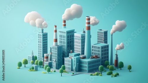 3D cartoon industrial factory, cute chibi style. Smoking chimneys, buildings, trees, skyline in light blue palette. Minimalist vector art, environmental theme in isometric perspective. photo