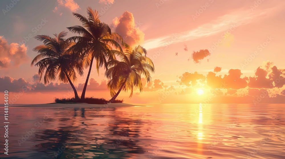 Sunset at Tropical Island with Palm Trees Sunset at Tropical Island with Palm Trees