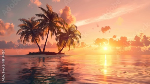 Sunset at Tropical Island with Palm Trees