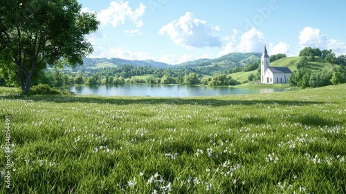 Idyllic landscape white church by lake, green hills, wildflowers.