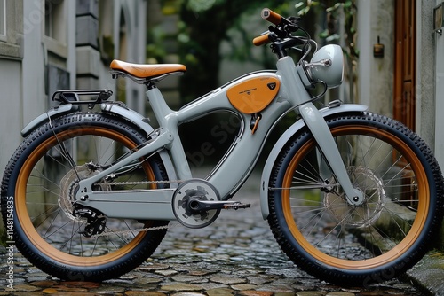 A stylish electric bicycle with a sleek design, featuring a light gray frame and orange accents. The bike is parked on a cobblestone path surrounded by greenery, showcasing its modern aesthetics. photo