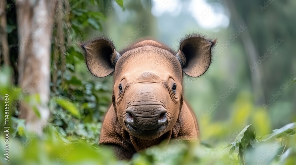 Fototapeta premium Adorable Sumatran rhino calf peering from lush greenery.