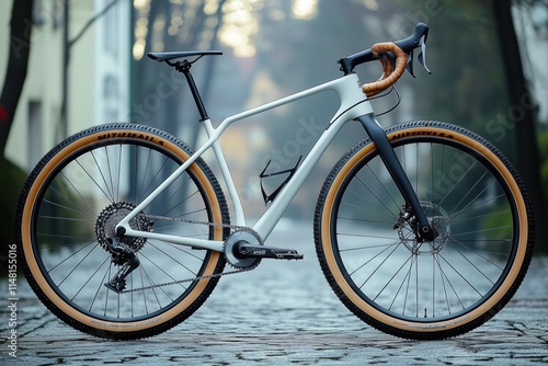 A modern gravel bike with a sleek design, featuring a light gray frame, brown leather handlebar grips, and wide tires.  photo